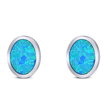 Oval Stud Earring Lab Created Blue Opal Solid 925 Sterling Silver (10mm)